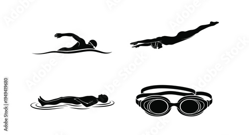 Swimming Icons Set with Swimmer, Diver, Floating Person and and Goggles in Black Silhouette Isolated on White