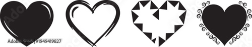 Collection of four distinctive black and white heart shapes with various designs