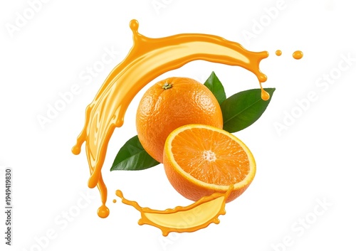Fresh oranges with splashing orange juice and green leaves on white background citrus fruit