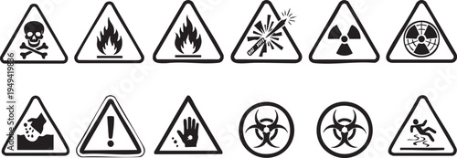 A collection of 10 hazard warning signs and symbols used for safety and caution