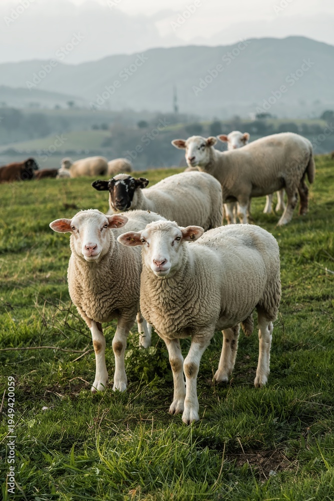 Obraz premium Flock of White Sheep Grazing on a Green Hillside Meadow in the Countryside, Sustainable Agriculture and Livestock Farming in a Rural Landscape