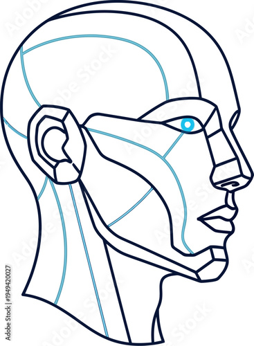 Modern minimalist vector illustration of a futuristic human head profile featuring intricate internal blue lines and a glowing eye, symbolizing artificial intelligence and innovation.