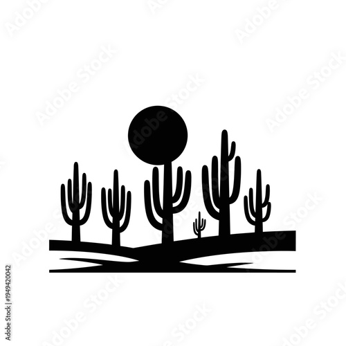 Desert landscape with silhouettes of cacti under a bold sun in stark black and white.