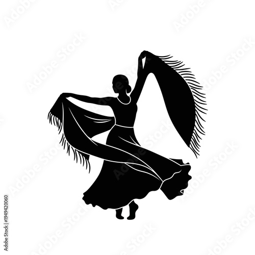 Silhouette of a Flamenco Dancer in Motion with a Veiled Shawl.
