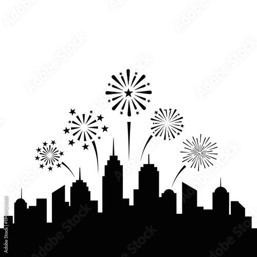 City Skyline at Night with Fireworks Celebration Silhouettes.