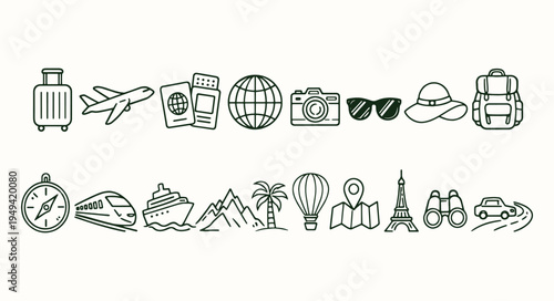 Travel and Tourism Outline Icons Set with Airplane, Passport, Globe, Camera, Backpack and Vacation Elements Vector