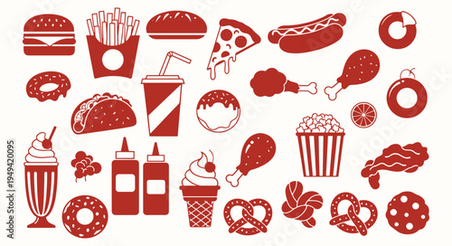 Fast Food Silhouette Icons Collection Featuring Burger, Soda, Ice Cream, Fried Chicken, Popcorn and Dessert Snacks Vector Set