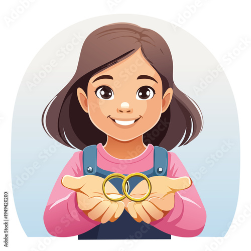 Young girl holding up wedding rings smiling with joy and happiness
