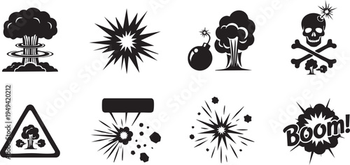 Collection of explosion and danger symbols in black and white