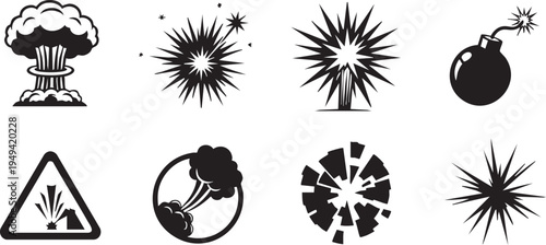 Collection of explosion and warning symbols in black and white