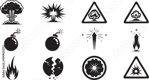 Collection of black and white explosion and warning symbols