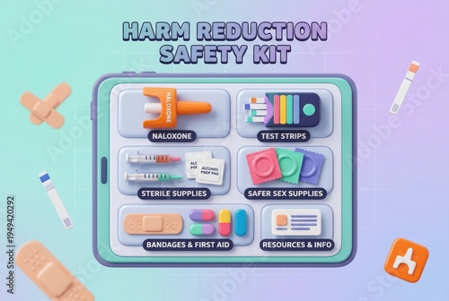 Comprehensive harm reduction safety kit featuring naloxone test strips alcohol prep pads and essential sterile supplies promoting health awareness and safety empowerment