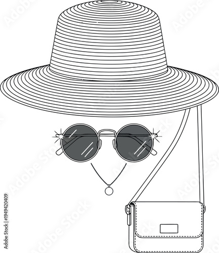 Stylish minimalist line art illustration showcasing essential summer fashion accessories like a wide-brimmed straw hat, trendy round sunglasses, a delicate pendant necklace, and a chic cross-body bag.