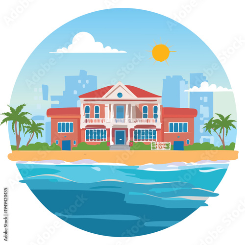 Coastal villa illustration beachfront residence under sunny skies