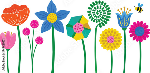 Colorful bold vector flowers illustration with a bee, whimsical spring floral garden isolated on white, vibrant summer bloom icons for nursery art and surface pattern design.