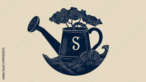 A dark blue watering can with the letter "S" sprouts a tree amidst wave details