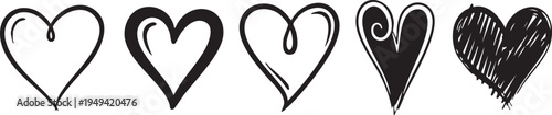 A set of five hand drawn hearts with varying line styles and shading techniques on a white background