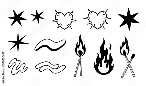 Hand Drawn Abstract Tattoo Elements Vector Set in Black and White for Edgy Designs