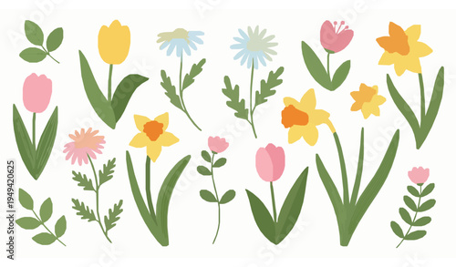 Hand Drawn Spring Flowers Vector Collection with Cute Cartoon Style