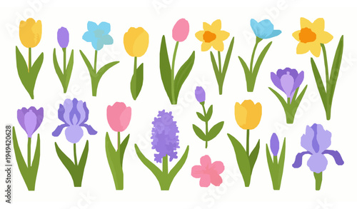 Whimsical Spring Flowers Vector Illustration Set in Modern Flat Style