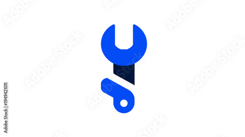A simple, geometric illustration of a blue wrench, set against a stark white backdrop