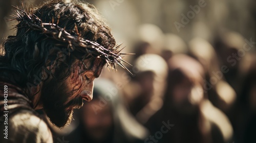 jesus christ on the cross, a crowd of people around him
