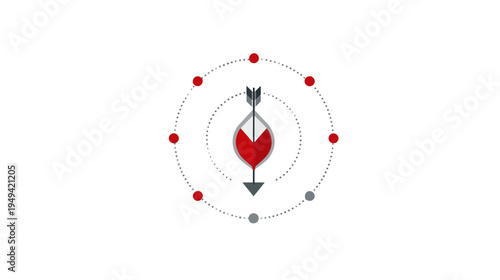 Graphic with a stylized heart pierced by an arrow, surrounded by dotted circles