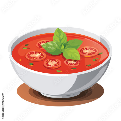 Fresh tomato soup in white bowl with basil and tomato slices isolated