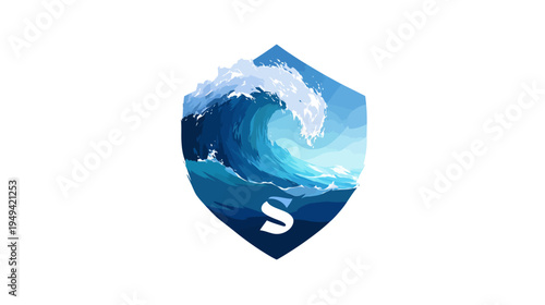 A stylized crest features a crashing wave in shades of blue and white, with an "S" at the bottom