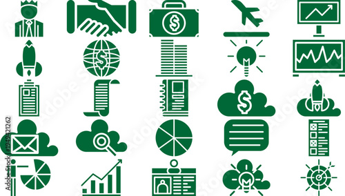 Collection of business and finance icons representing growth investment and global trade perfect for web design and presentations