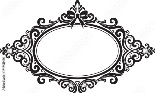 Black ornate oval frame with bow and scrollwork border