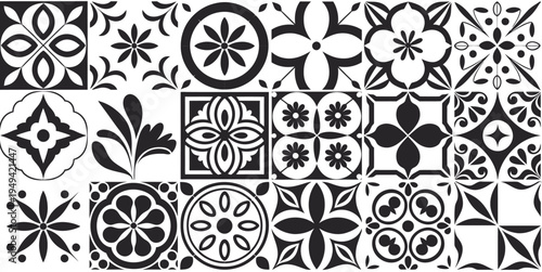 Mediterranean Spanish and Portuguese Tile Mosaic Collection with Mexican Floral Motifs, Black Decorative Interior Kitchen and Wall Tiling Pattern Vector Elements