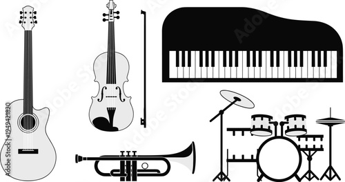 Black Silhouette Musical Instrument Collection Featuring Guitar, Violin, Grand Piano, Trumpet, and Drum Set for Music, Orchestra, and Concert Design Projects.