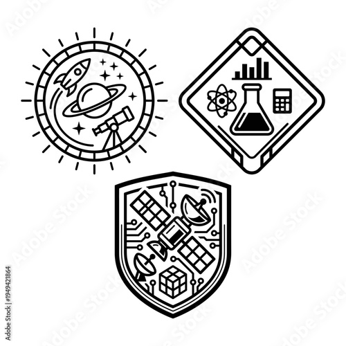 Biotech robot and laboratory outline icon set