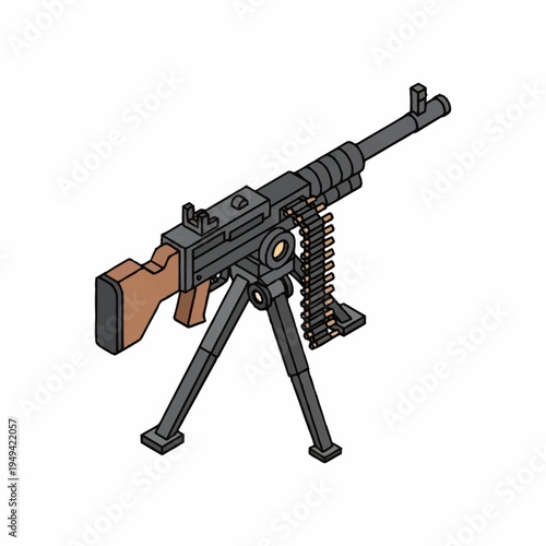 Isometric Machine Gun with Ammunition Belt and Tripod.