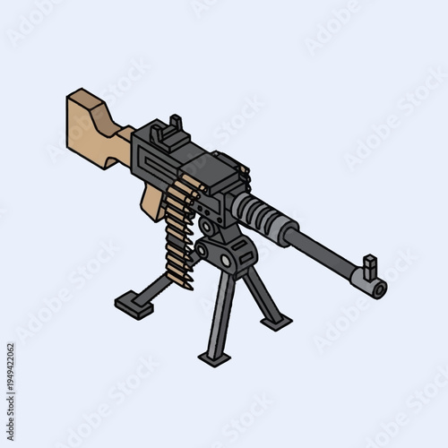 Isometric Machine Gun With Ammunition Belt and Tripod.