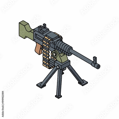 Isometric Machine Gun with Tripod and Ammunition Belt.