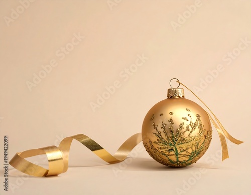 Golden bauble with ribbon detail against a pale backdrop, festive and elegant