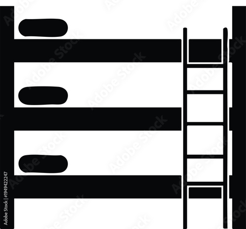 Black and white of a three-tier bunk bed with ladder