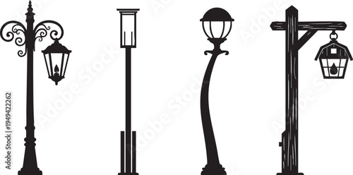 Four different types of street lights on poles