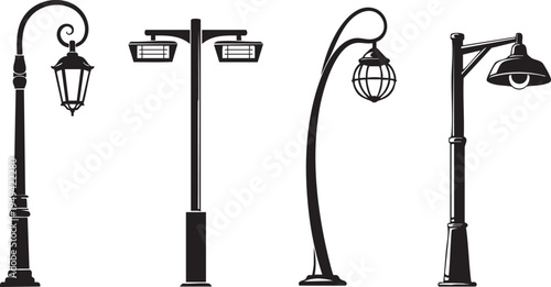 Four different types of street lights on white background