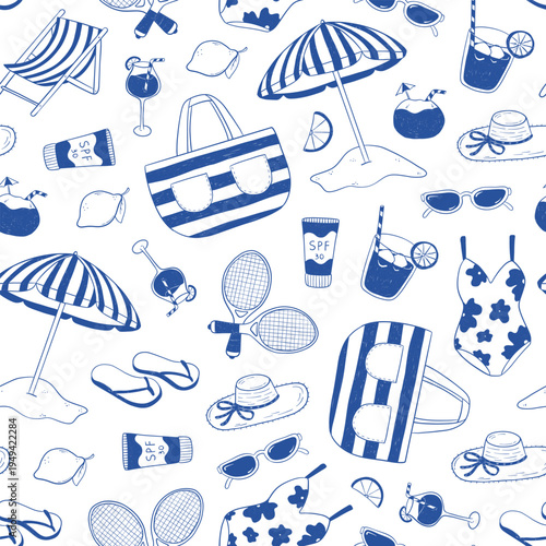 Summer blue doodles seamless pattern for backgrounds, wallpaper, scrapbooking, stationery, digital paper, textile prints, packaging, etc. EPS 10