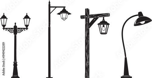 Four different types of street lights on poles against a white background