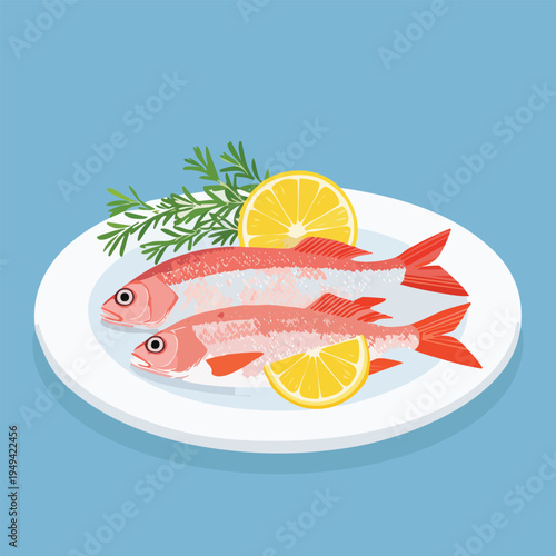Freshly prepared fish dish with lemon and herbs on plate for culinary use