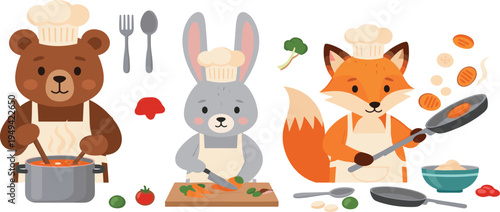 Cute Animal Chef Characters Cooking Food in Kitchen with Bear Rabbit Fox Preparing Meals Cartoon Vector Illustration Set