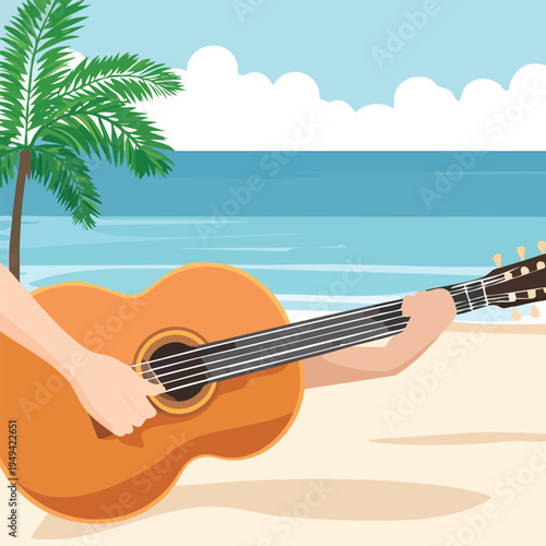 Guitar player on beach with palm trees and ocean in vector illustration