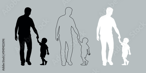 Set of 3 vector silhouettes of a father holding his child's hand, depicted in black fill, outline, and white fill variations, ideal for family-themed designs and graphic resources.