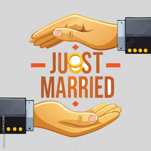 Hands holding wedding ring with text just married on light background