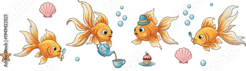 Cute Goldfish Tea Party Underwater Vector Illustration Set Featuring Cartoon Fish Drinking Tea, Eating Cake and Coral Reef Ocean Scene