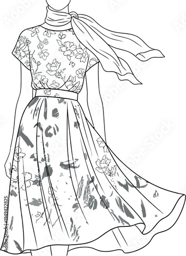 Fashion technical drawing of a flowing floral print midi dress design complete with short sleeves and an elegant neck scarf detail